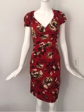 Cache Red Floral Dress with V-Neck
